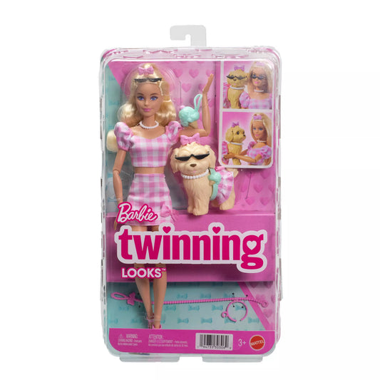 BARBIE TWINNING LOOKS šviesiaplaukės lėlės ir šunelio rinkinys (JFP36)